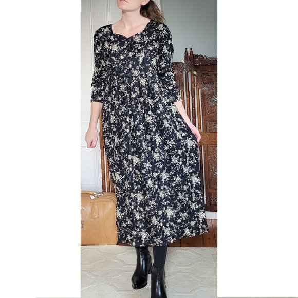 Vintage 90's Midi Length Long Sleeve Empire Waist Garden Floral Dress - Picture 1 of 11
